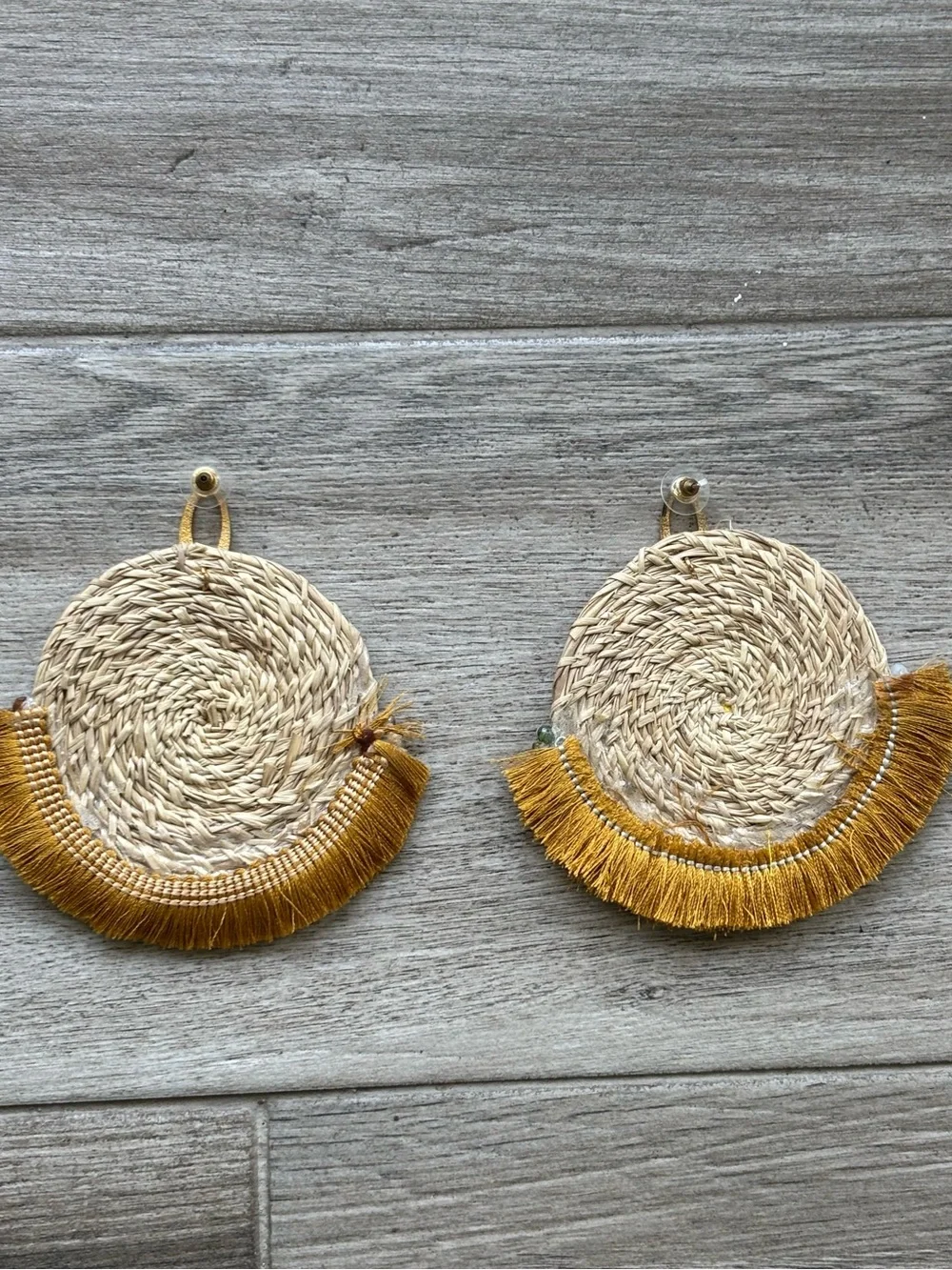 Colombian Handmade Boho Woven Raffia Fringe Earrings with Bead Accents- new
